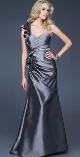 Silver Gray Side Draped And Ruched With A Folded Shoulder Evening Dress