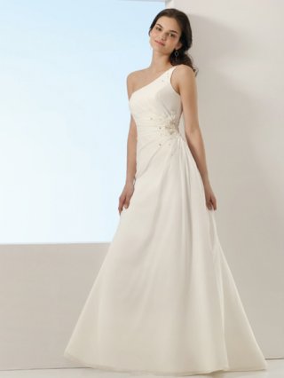 Charming One Shoulder White Side Plicated Beadings Design Beach Wedding Dress HotSale in Spring/Summmer