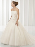 2012 lovely Strapless chapel train Embroider bodice satin faced organza Ball gown Wedding Dress