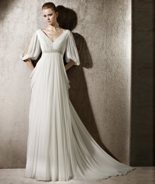 2012 V-neck Off the Shoulder Chiffon 1/2 Sleeves Beach Wedding Dress