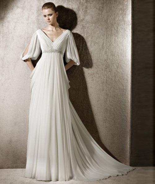 2012 V-neck Off the Shoulder Chiffon 1/2 Sleeves Beach Wedding Dress