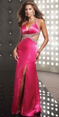Unique Fushia Elastic Satin Furcation And Split Ruched V Neckline Evening Dress With Beadings