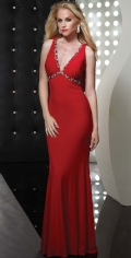 A Line Red Sheath Deep V Neckline With Beadings Evening / Party Dress