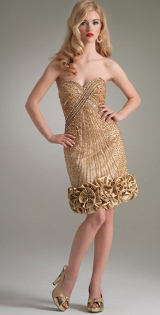 A Line Gold Knee length With Man Made Flowers Sweetheart Prom / Evening Dress