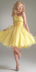 Vivid Light Yellow Organza Ball Gown With Pleated Waist And One Side Draped Shoulder Evening Dress