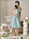 A-line light Aqua Tea Length Discount V-neck Taffeta Bridesmaid Dress/ wedding party dress