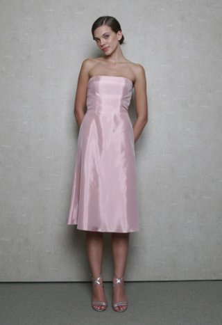 Pink Strapless Tea Length A-line Strapless Discount Column/ Sheath Bridesmaid Dress