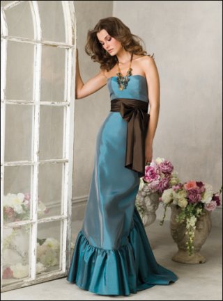 Turquoise Flat Brown Sash Mermaid Pleated Hemline Bridesmaid Dress Hot Sale