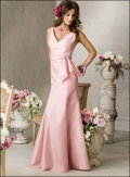 V-neck Pink Sash Long Length A-line Sleeveless Bridesmaid Dress/ evening party dress