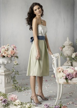 Unique Couture A-line Strapless Tea Length Sash Working Bridesmaid Dress/ wedding party dress