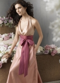 Sexy V-neck Halter with Long fushia Sash floor length Bridesmaid Dress/ wedding party dress