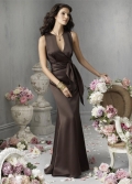 Allure Chocolate V-neck Sash working floor length Trumpet satin Bridesmaid Dress