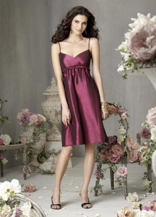 Burgundy Spaghetti Tea Length Empire Waist Puffed A-line Bridesmaid Dress Under 100