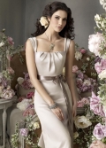 Cream Sash Tea Length Cheap Satin short sleeves Bridesmaid Dress/ wedding party dress