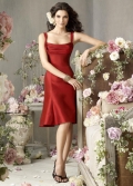 Charming Red Tea Length Square Column/ sheath Satin Evenling/ Bridesmaid Dress