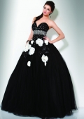 Elegant Black Ball Gown Princess Sweetheart strapless Design beaded empire Prom Dress With White Flower