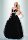 Black Sweetheart Emborider chiffon Cheap a-line Gauze/Tulle Design Pufed Prom Dress