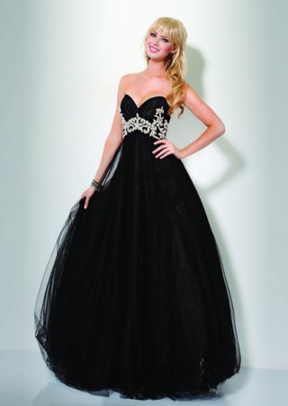 Black Sweetheart Emborider chiffon Cheap a-line Gauze/Tulle Design Pufed Prom Dress
