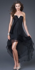 V Neckline Multi Layers Tea Length Organza Pleated Strapless Black Evening Dress