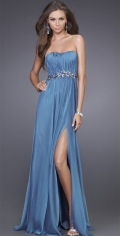 Light Blue Vertical Ruched And Pleated Beading Waistsband Evening Dress With A Furcation