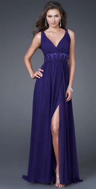 Purple Sheath Style Entire Pleated And Draped Furcation Long Evening Dress