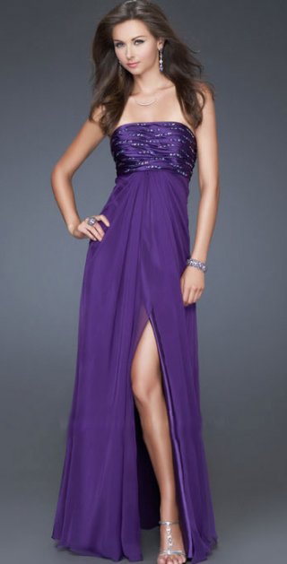 Simple Chiffon Strapless Bateau Neckline Furcation Evening Dress
