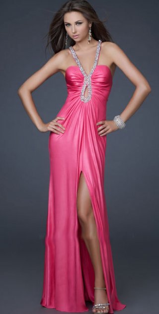 Tempting Beading Halter With Pleated And Beadings Hollow Center Evening Dress With Furcation