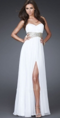 A Line Formal White Sweetheart With Appliques Waist Chiffon Furcation Evening Dress