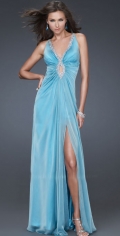 A Line Pearls Border V Neckline Ruched With A Furcation Evening Dress