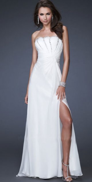 A Line Strapless Flat Neckline Side Draped Waist Furcation With Beadings Evening / Prom Dress
