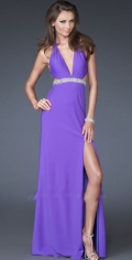 A Ruched Halter With A V Neckline And Furcation Evening Dress