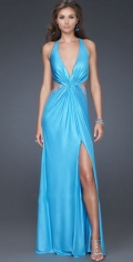 A Elastic Satin Deep V Neckline Tightly Pleated Evening Dress With Furcation