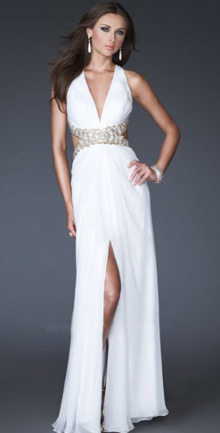 V Neckline Halter Sheath Style Chiffon Furcation Evening Dress