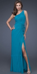 Gracious One Flower Shoulder Side Draped Deatiled Bodice Evening Dress