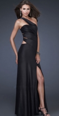 Inclined Shoulder With Beadings Furcation Floor Length Satin Black Evening Dress