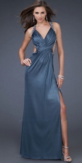 Attractive Beading Halter With Ruched V Neckline Long Evening Dress