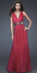 Red Deep V Neckline Ruched Floor Length Chiffon With Waist Beadings Evening Dress