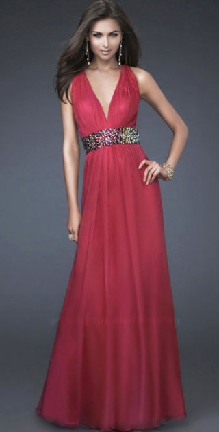 Red Deep V Neckline Ruched Floor Length Chiffon With Waist Beadings Evening Dress