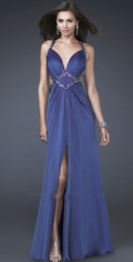 Blue Pearls Halter With V Neckline And Furcation Evening Dress