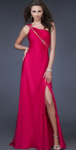 Red One Side Shoulder With Appliques Furcation Floor Length Evening Dress