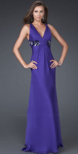A Line Sheath Chiffon Long Evening Dress With A Deep V Neckline