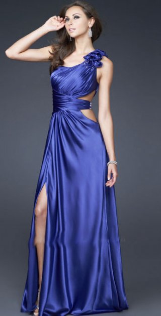 One Flower Shoulder Elastic Satin And Fully Ruched Evening Dress