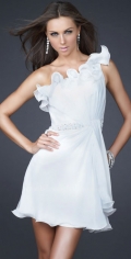 Graceful White Chiffon Side Draped With Waist Beadings And Flower Neckline Evening Skirt