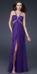 Purple Attractive Furcation Chiffon With Beading Halter Evening / Party Dress