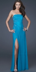 Plain Strapless Bateau Neckline With Side Pearls And Tightly Pleated Evening Dress