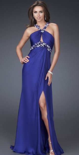 Appliques Halter And Waistband Ruched Evening Dress With A Furcation