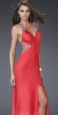 New Style Sheath A Line Appliques Straps V Neckline Furcation Evening Dress