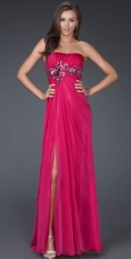 A Line Strapless Red Scalloped-Edge Side Ruched With Appliques Party / Evening Dress