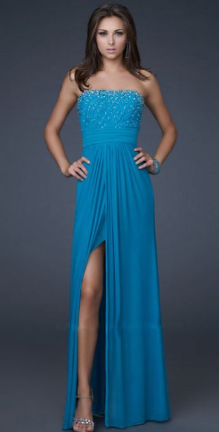 Maxi Flat Neckline With Little Pearls And Split Pleated Evening Dress
