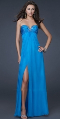 Fluffy Beadings V Neckline Strapless Empire Chiffon Evening / Party Dress With Side Furcation